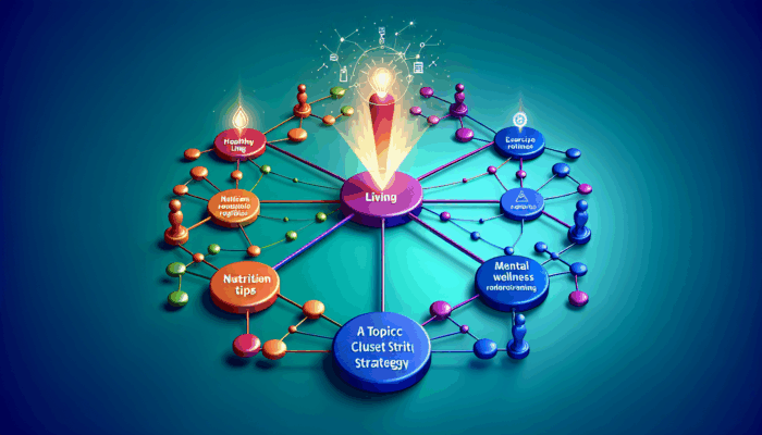 Creating Video Topic Clusters for SEO Success: A network diagram showing 'Healthy Living' linked to 'Nutrition Tips,' 'Exercise Routines,' and 'Mental Wellness' for SEO enhancement.