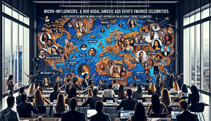 Micro-influencers engaging diverse audience on social media, cost-effective video content versus expensive traditional celebrity ads.