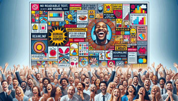 A vibrant collage showcasing humorous ads with witty slogans and diverse laughing people, emphasizing humor's universal appeal in marketing.