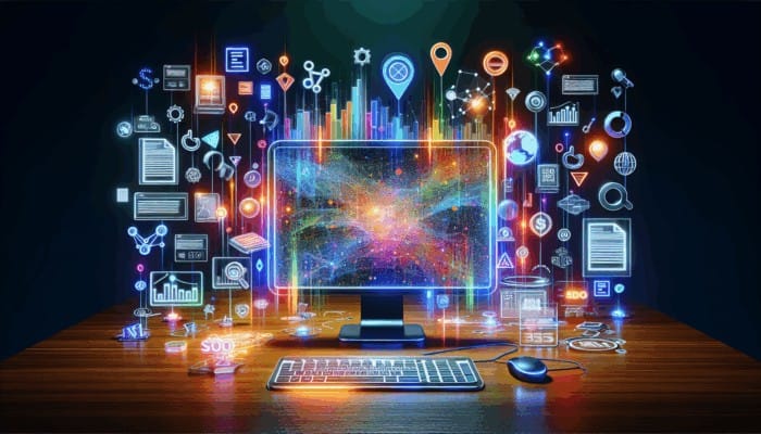 Best Practices for Content Optimization Tools: A digital workspace showing SEO analytics on a screen, with interconnected keywords, metadata, and images.