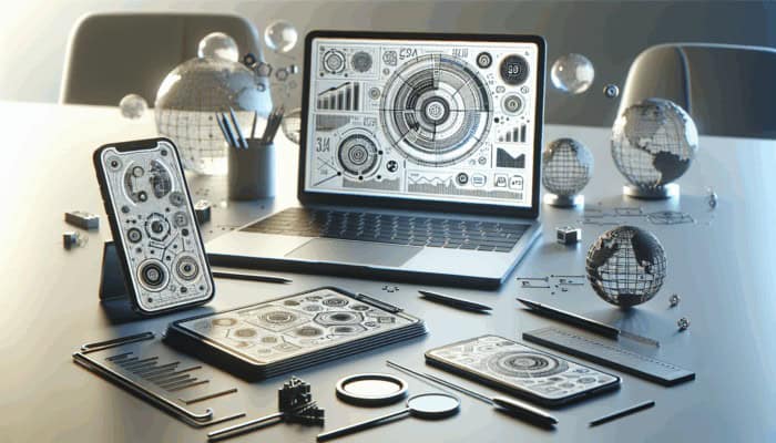 A workspace with laptop and smartphone showing optimized SEO content and performance graphs.