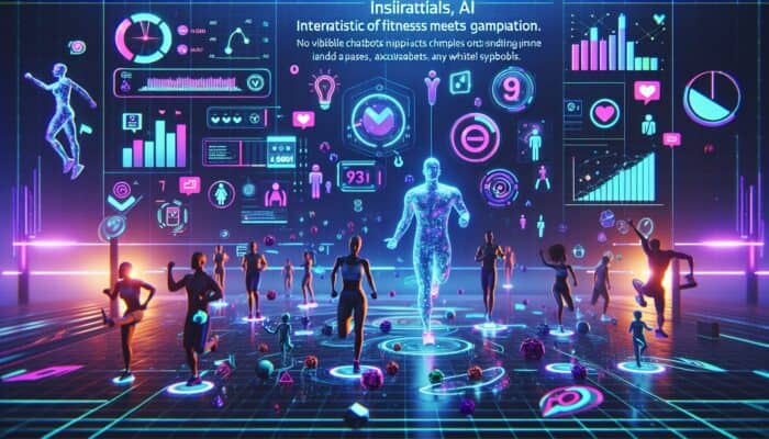 A futuristic fitness video interface with points, badges, leaderboard, animated avatars, and AI chatbots in a vibrant digital environment.
