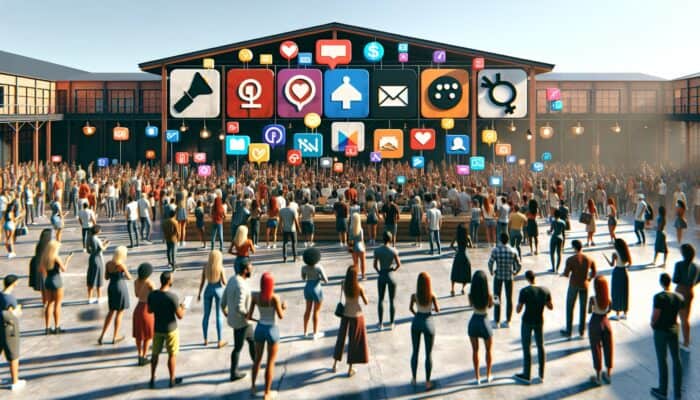 Using Influencers for User-Generated Content: Influencers and brands in a vibrant marketplace, boosting visibility with diverse crowds and colorful logos.