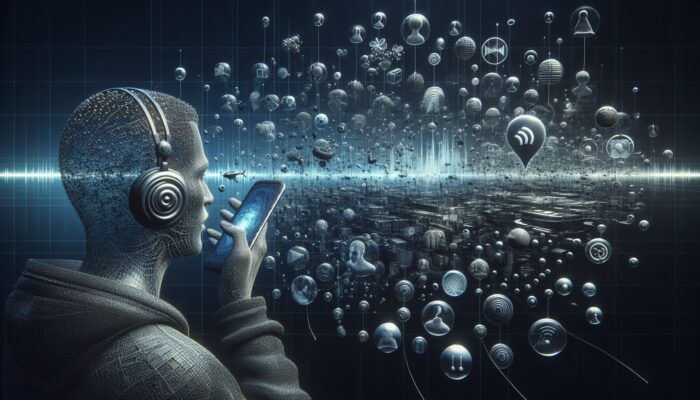 A person using voice search on a smartphone, with visualized sound waves and text bubbles in a tech setting.