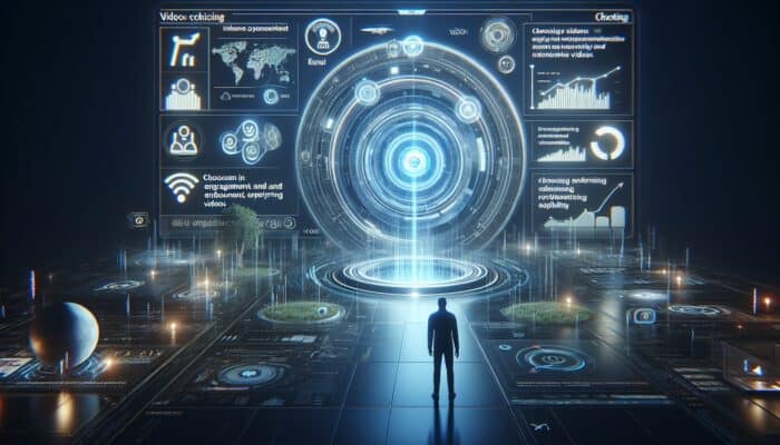 A person using voice commands on a holographic screen to discover videos, with graphs showing increased engagement and visibility.