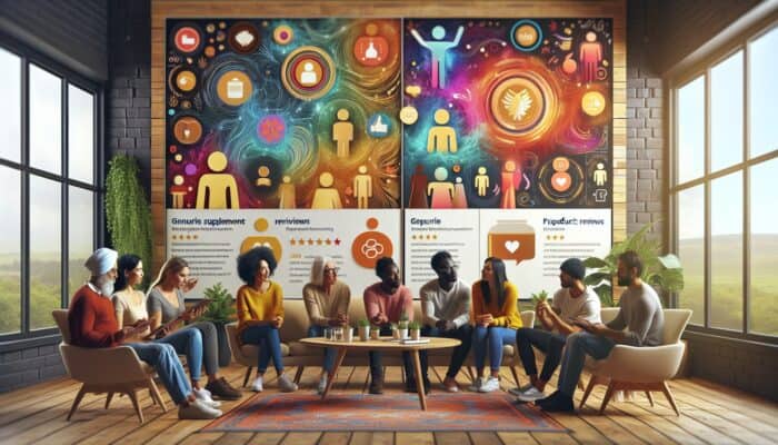 A diverse group sharing supplement experiences in a cozy setting, with reviews on an interactive wall.