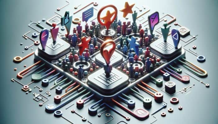 Digital interface showcasing user review collection methods including website forms, social media polls, and review site links.