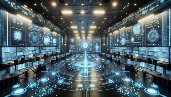 A futuristic control room with screens showing optimized AI data analysis for decision-making and competitive edge.