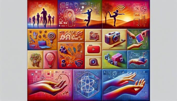 Using TikTok Trends for Viral Video Marketing: Collage of TikTok trends including dance, lip-sync, storytelling, DIY, and transformations with social media icons.