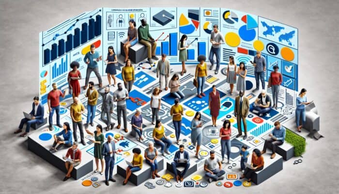 Supplement Buyer Personas: A diverse group engaged in activities, surrounded by data charts and social media icons, illustrating buyer persona data collection.