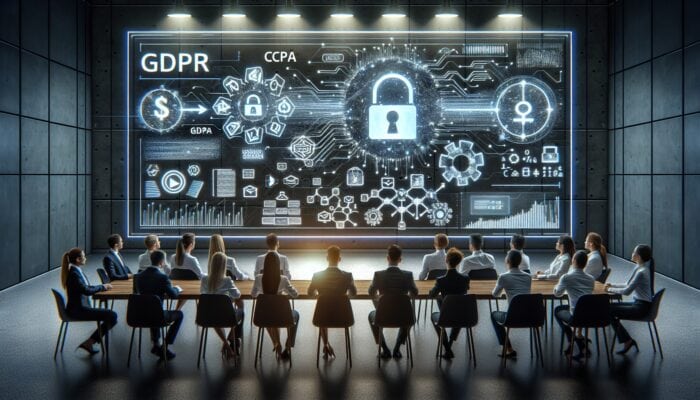 A diverse group of professionals in a modern office focused on a screen showing GDPR and CCPA logos, charts, and encryption symbols.
