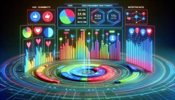 A digital dashboard showing graphs of video engagement metrics by user sign-up month, focusing on retention rates.