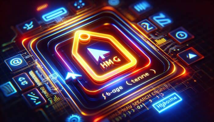 A glowing HTML tag representing a meta title, surrounded by digital and search engine icons on a tech-themed background.