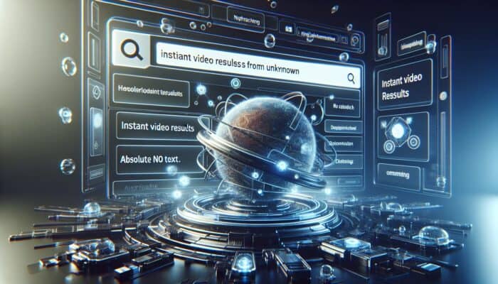 Optimizing for Zero-Click Video Search Results: Futuristic search engine interface with instant video results from Google and YouTube, no external links needed.