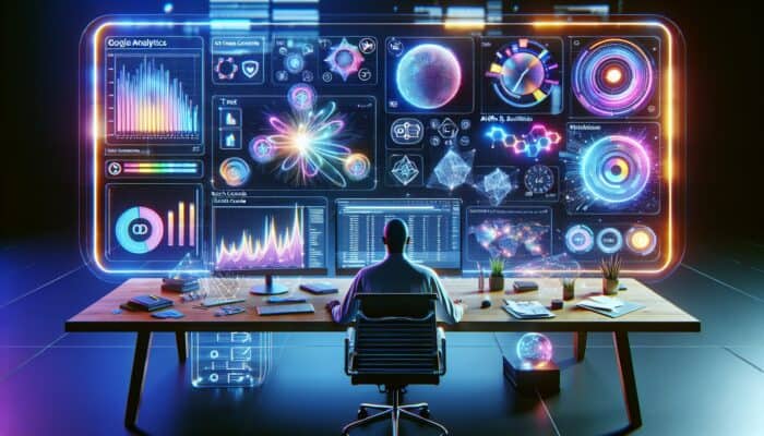 How to Conduct a Basic SEO Audit for Your Website: A modern desk setup with an SEO expert viewing holographic displays of Google Analytics, Search Console, Ahrefs, and SEMrush dashboards.