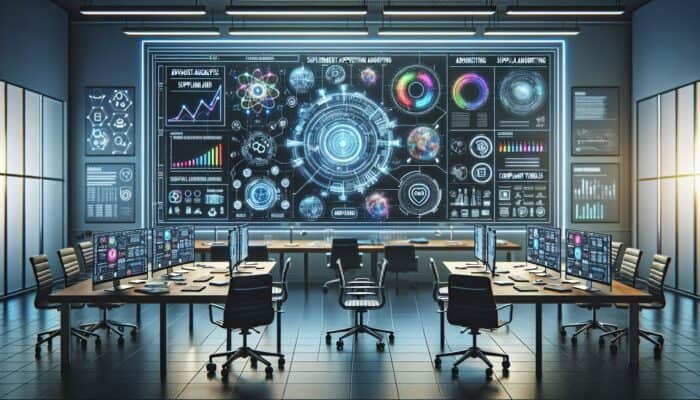 A dynamic digital dashboard for supplement ads, featuring targeting tools, real-time analytics, diverse formats, and compliance icons in a glowing high-tech lab.