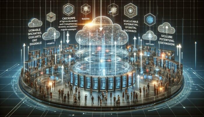 How to Select Hosting for Forums: Vibrant digital forum with users sharing text, images, and videos, surrounded by security shields, scalable servers, and growth indicators.