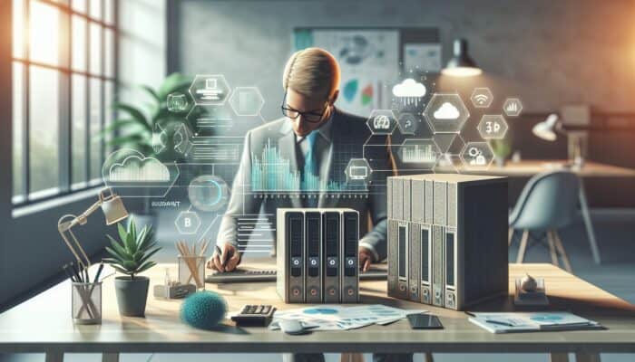 A focused analyst reviews financial charts for web hosting costs, with icons of servers, bandwidth graphs, and a budget calculator in a modern office.