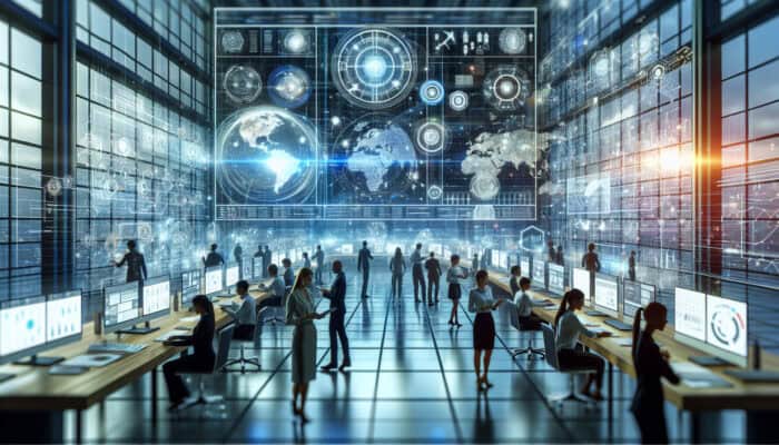 Analysts in a digital control room study holographic screens showing customer behavior graphs, sales trends, and personalized recommendations with data streams and global maps.