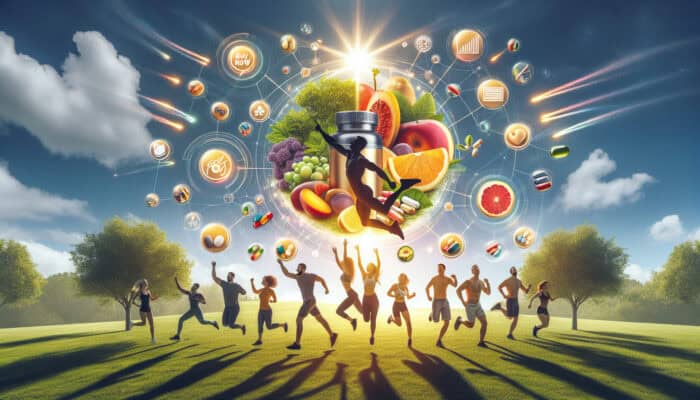 Diverse group of energetic people smiling in a sunny park, with bold headlines like "Boost Energy Naturally," testimonials, and a prominent "Buy Now" button.