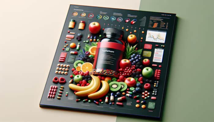 Vibrant supplement ad showing colorful pills and fresh fruits in a dynamic modern layout with bold red and green colors.