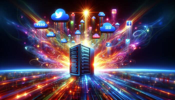 Vibrant social media icons like Twitter and Facebook surround a glowing web hosting server, illuminated by SEO beams, symbolizing enhanced online visibility.
