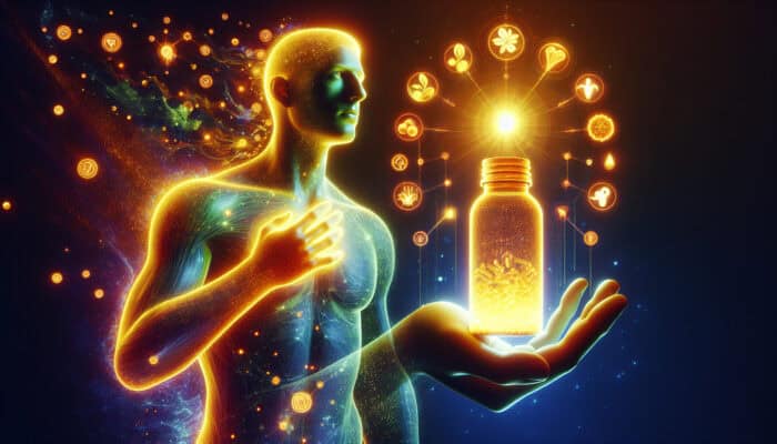 A healthy person radiating energy holds a glowing supplement bottle, surrounded by auras of benefits and a bold "Buy Now" sign.