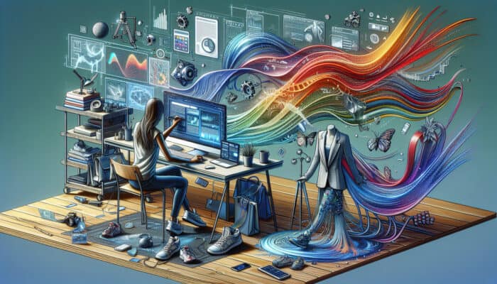 A dynamic digital workspace with a tech blogger writing on gadgets, a fashion brand updating social media, and data streams flowing like rivers.