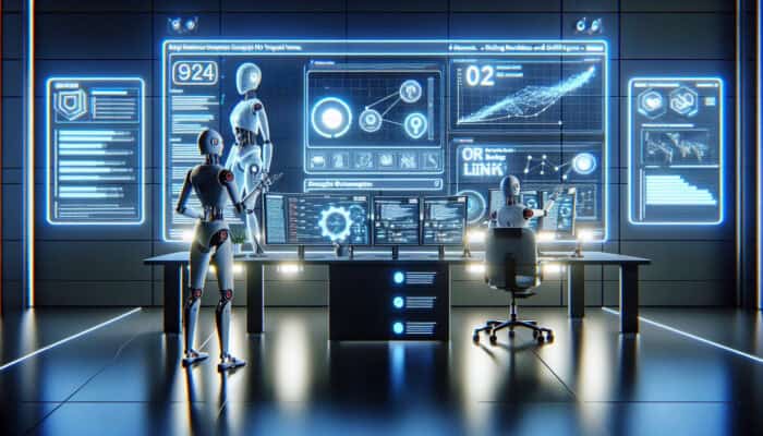 AI robots in a futuristic digital workspace scan holographic websites for broken links and monitor SEO alerts on glowing screens.