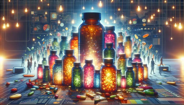 A vibrant marketplace scene with innovative supplement bottles glowing among generic ones, engaging curious customers and symbolizing brand differentiation.