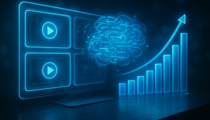 Futuristic Search Atlas dashboard with holographic video thumbnails, swirling keywords, and ascending audience graphs.