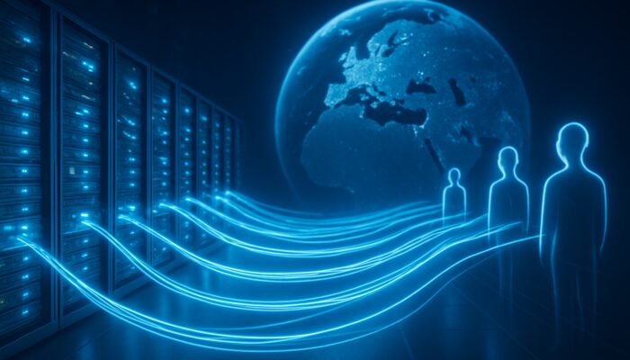 Futuristic European data center with glowing server racks and fiber-optic streams for minimal latency.