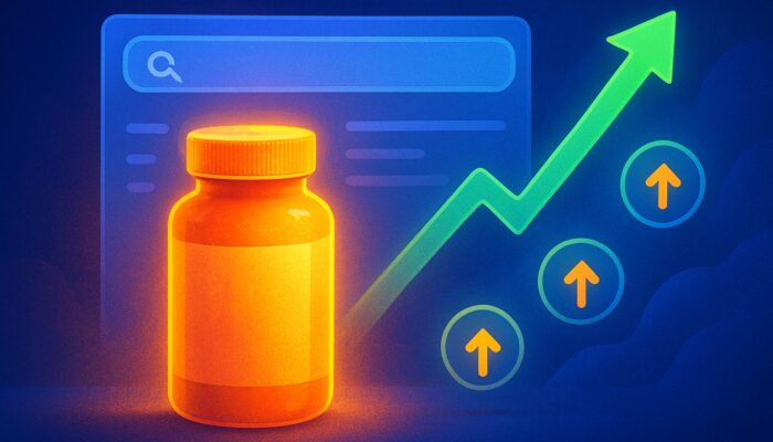 Glowing supplement bottle rising on search ranking graph with alt text tags and organic traffic icons