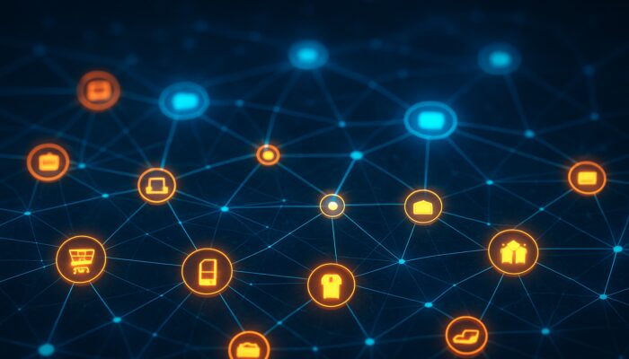 Futuristic network map of e-commerce product nodes sparsely linked to category hubs, highlighting structural gaps.