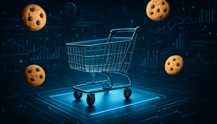Abandoned digital shopping cart on glowing checkout screen with floating cookie icons and analytics data.